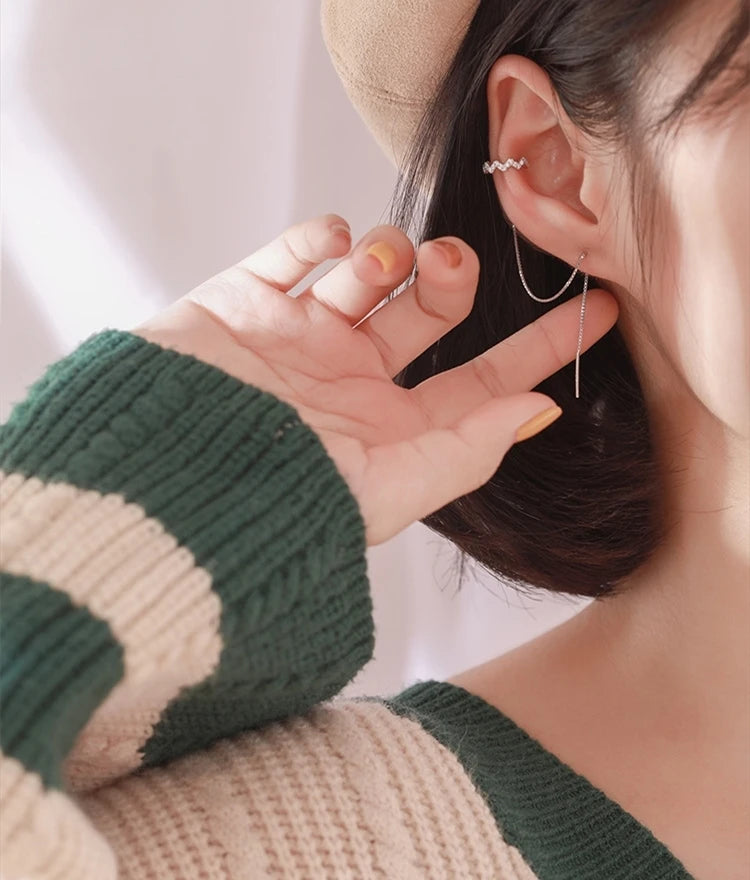 1pc Earrings Jewelry 100% 925 stamp silver color Ear Clip Tassel Earrings For Women Gift Pendientes Ear Cuff Caught In Cuffs