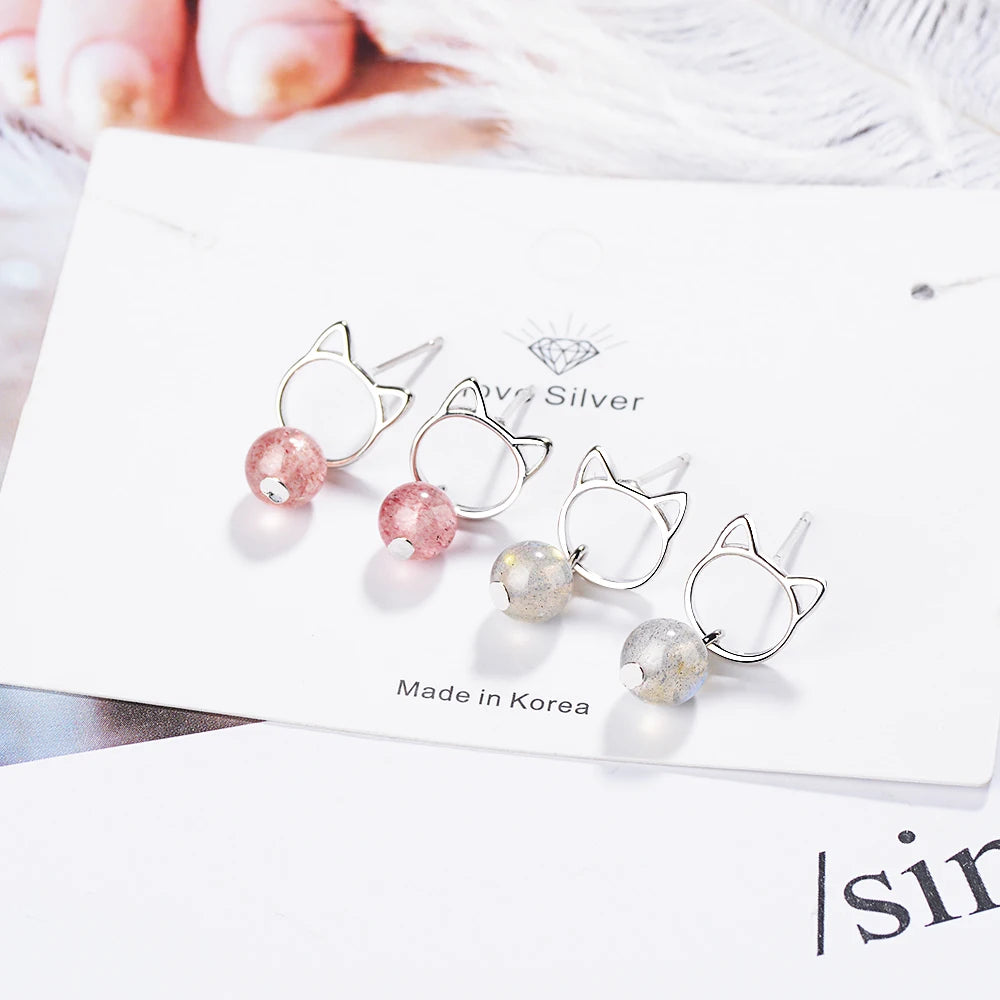 925 Real Sterling Silver  Women Fashion Cute Pink Strawberry Crystal Cat Stud Earrings For Daughter Girls Ds718