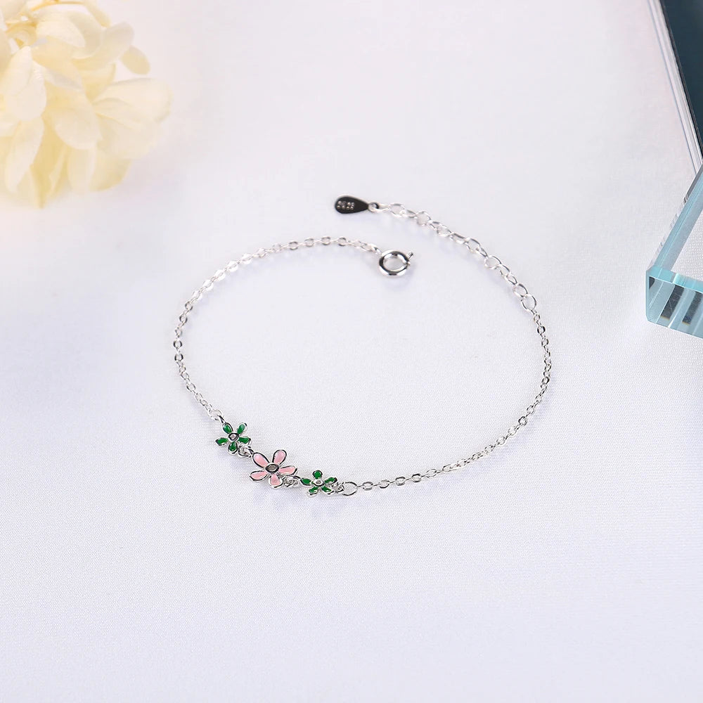 New Fashion 925 Sterling Silver Drop Glaze Leaves Flower Daisies Bracelets For Women Pulseira Silver 925 Jewelry S-b206