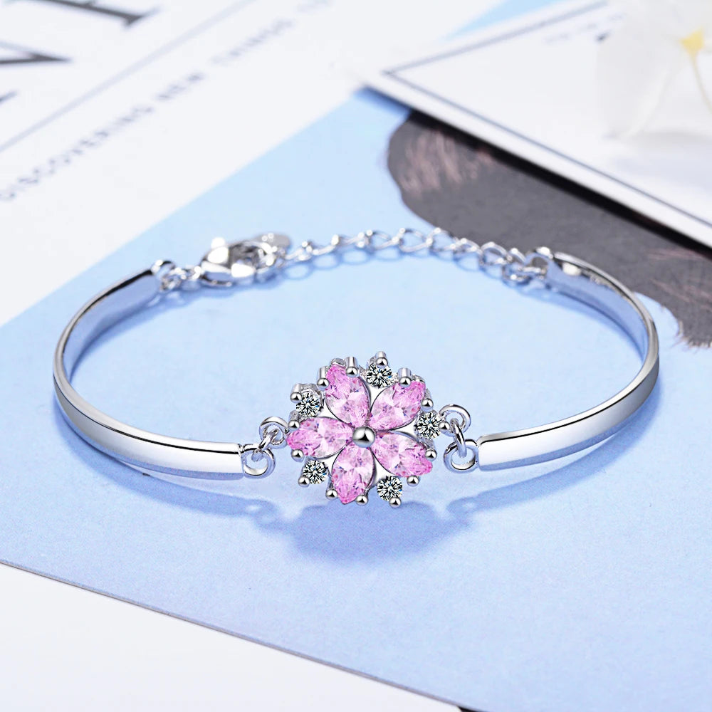 Fashion Exquisite 925 Sterling Silver Jewelry Personality Sakura Cherry Blossoms Flower Female Gift Beautiful Bracelets Sb101