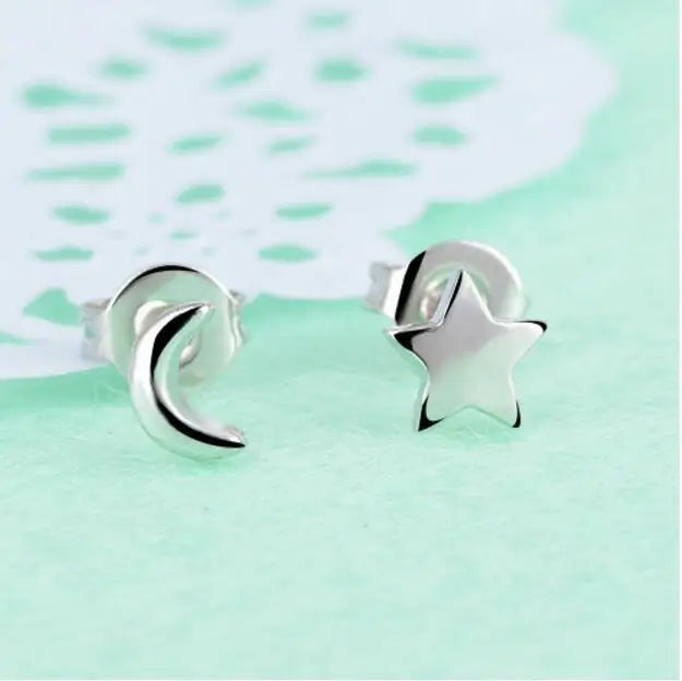 925 silver needle Simple Cut Earrings Moon Star Asymmetrical Small Stud Earrings For Women Jewelry Wholesale S-e148