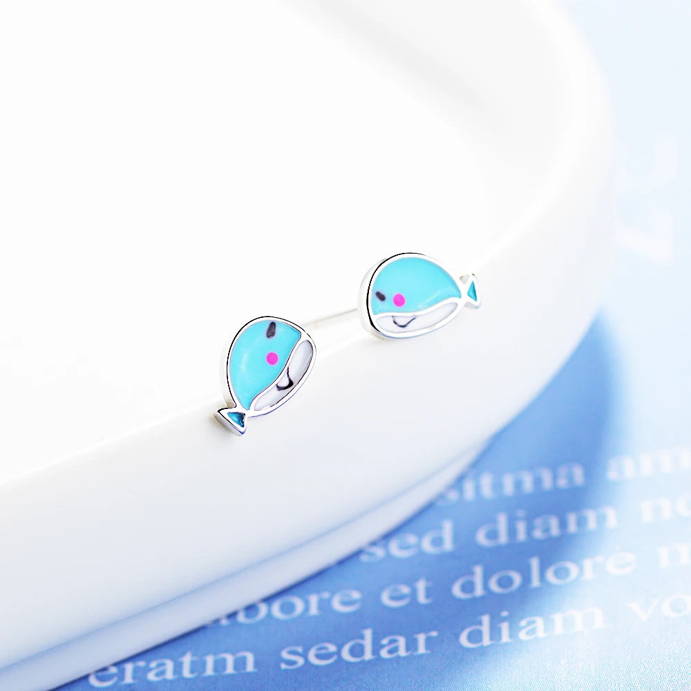 100% S925 silver needle Blue Lovely Whale Stud Earrings For Girls Kids Children Creative Cute Marine Animal Jewelry