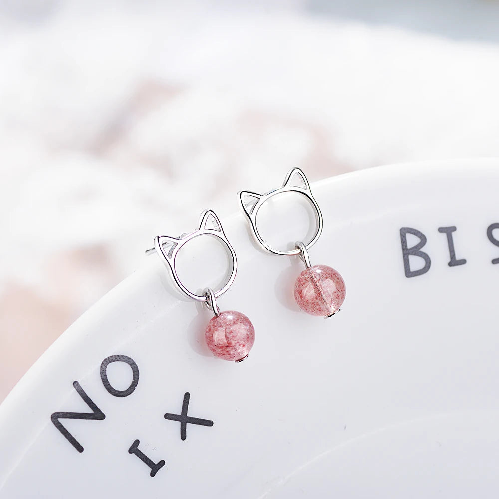 925 Real Sterling Silver  Women Fashion Cute Pink Strawberry Crystal Cat Stud Earrings For Daughter Girls Ds718