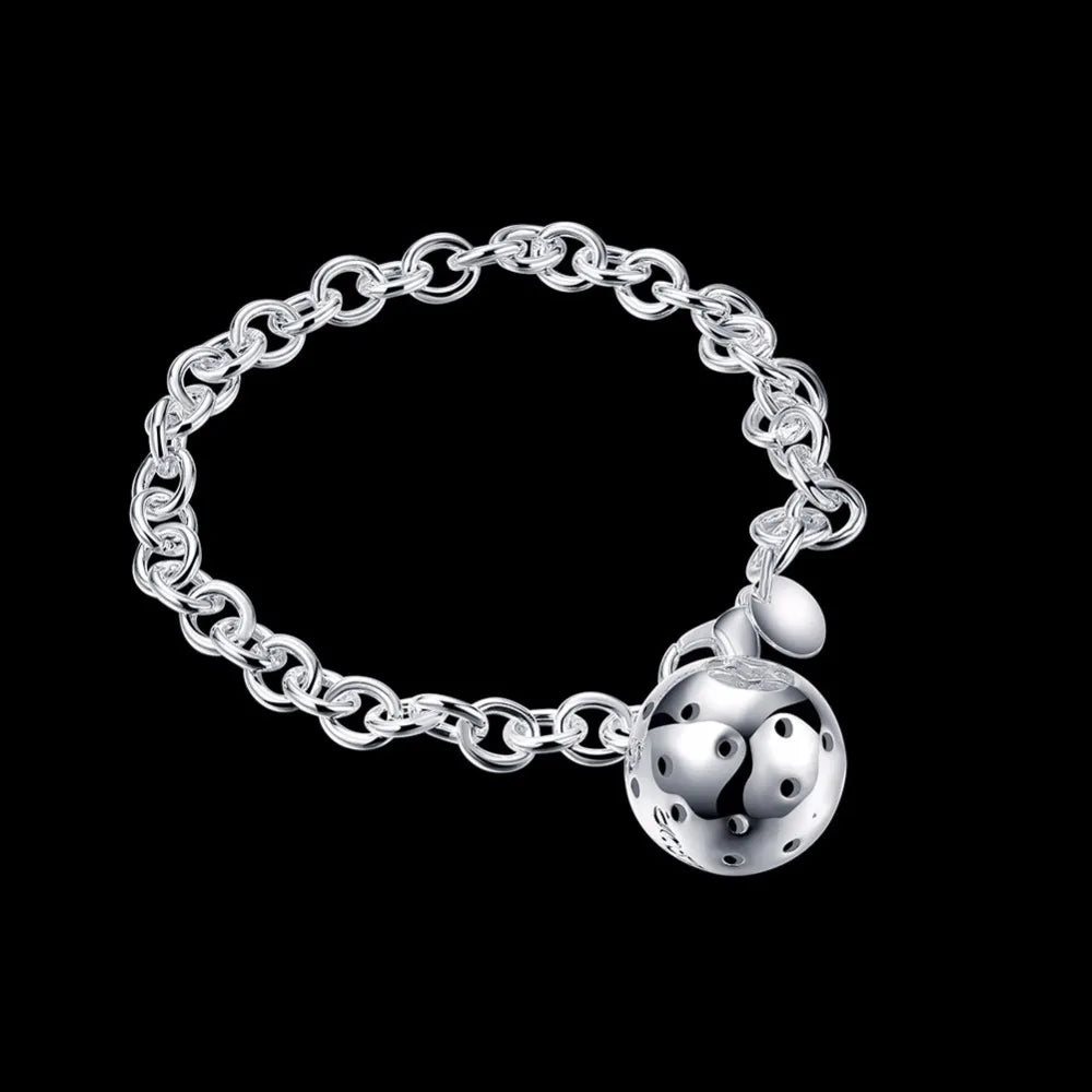 Woman's Fine Jewelry 19cm Bracelet 925 stamp silver color Hollow Ball Charm 5mm Link Chain Bracelet Bangle Pulseira De Prata