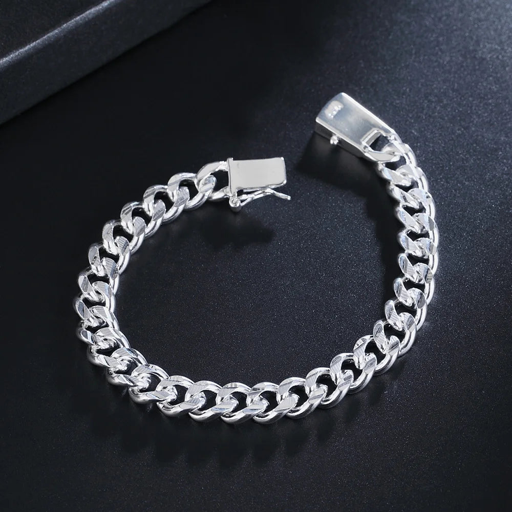 New High -quality Women Men Noble 925 stamp silver color Bracelets Fine Jewelry Gifts Mens 10mm Square Nice Jewelry Bracelet