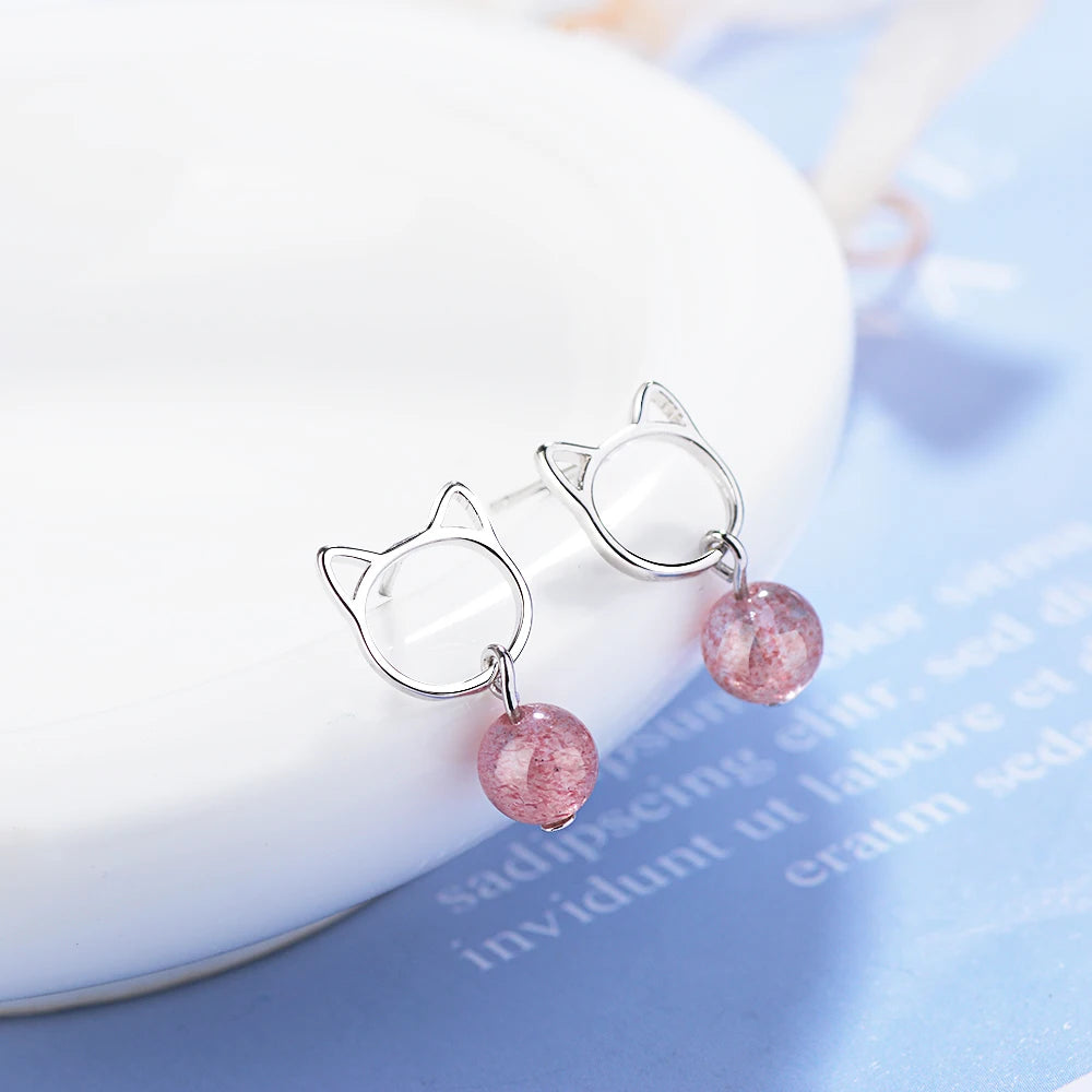 925 Real Sterling Silver  Women Fashion Cute Pink Strawberry Crystal Cat Stud Earrings For Daughter Girls Ds718