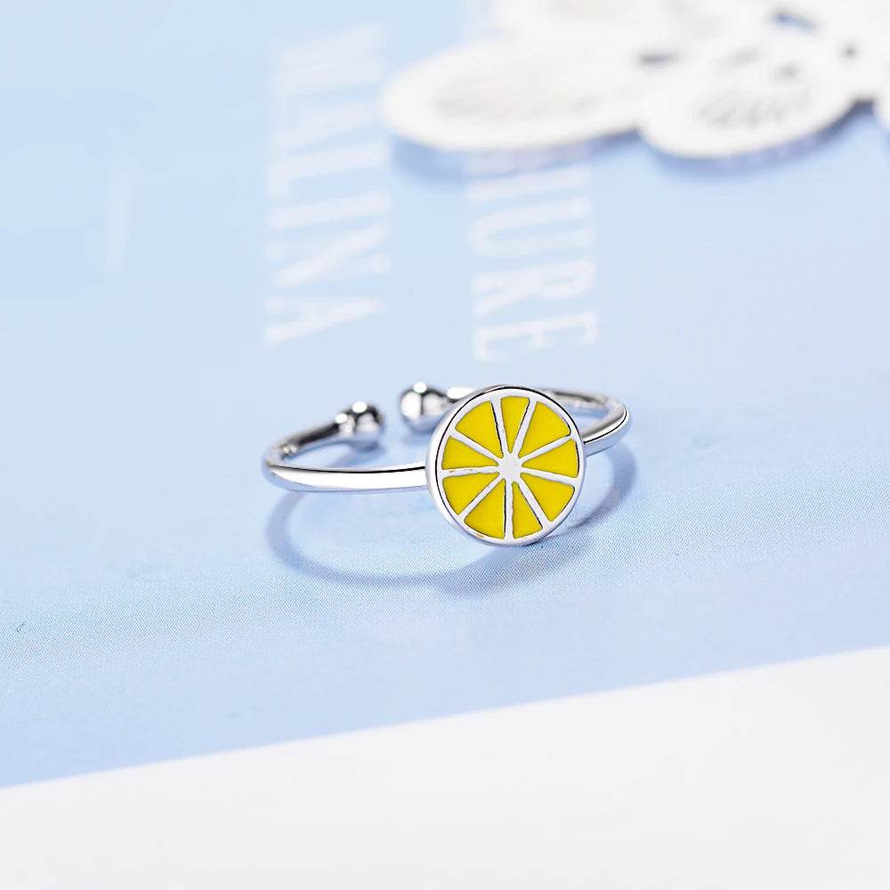 New 925 Simple Popular Cute Silver Fruit Lemon Shape Open Ring For Girls Student Kids Creative Style Fine Jewelry