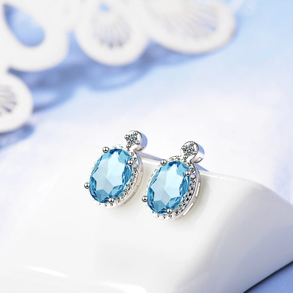 Oval 1.8 Carat Natural Sky Blue Topaz Birthstone Stud Earrings Genuine 925 silver needle Fine Jewelry For Women