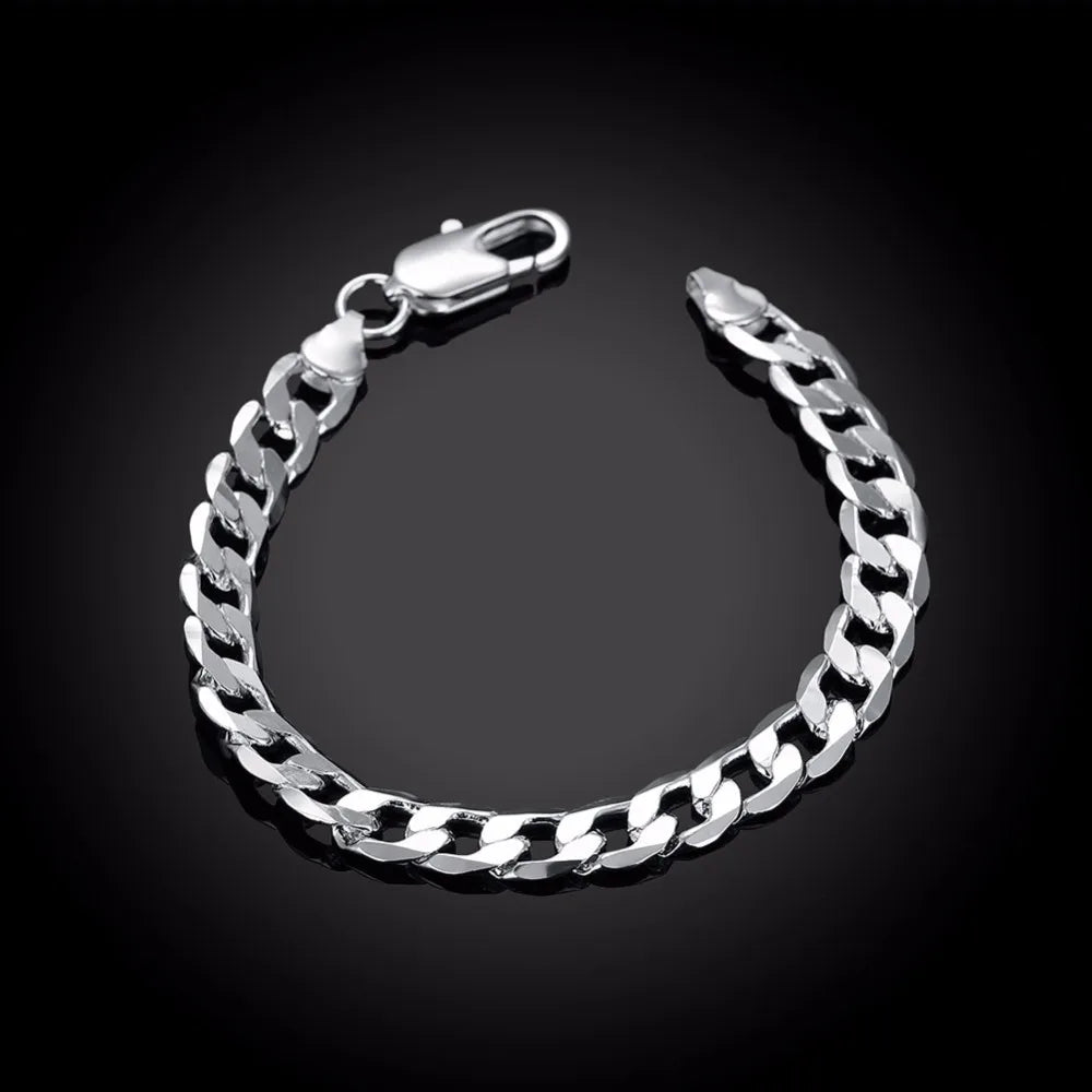 Lekani Men's Fine Jewelry 8 Inch 20cm Bracelet 925 stamp silver color Fashion Charm 8mm Sideways Flat Chain Bracelets Bangle