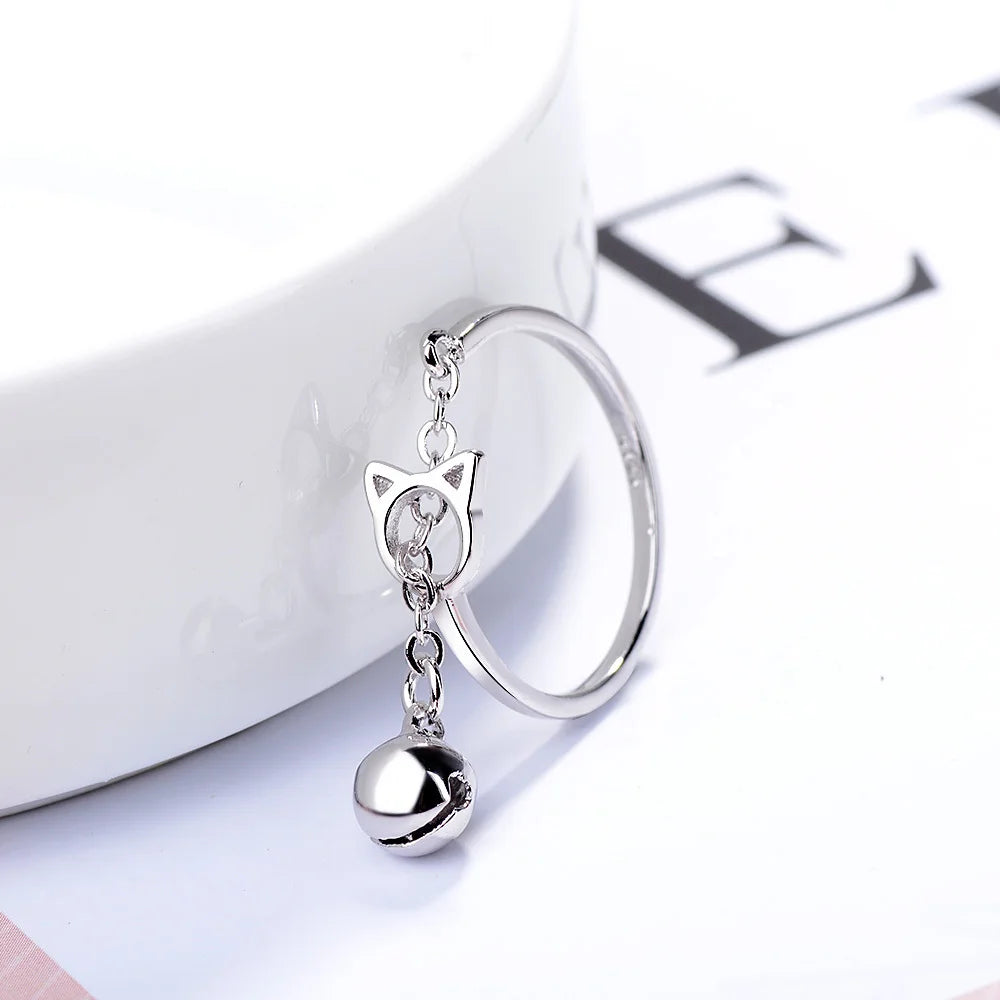 2019 Free Shipping Silver Open Ring 925 Sterling Silver Cat Jing Bell Ring For Women Jewelry Finger Ring For Party Birthday Gift