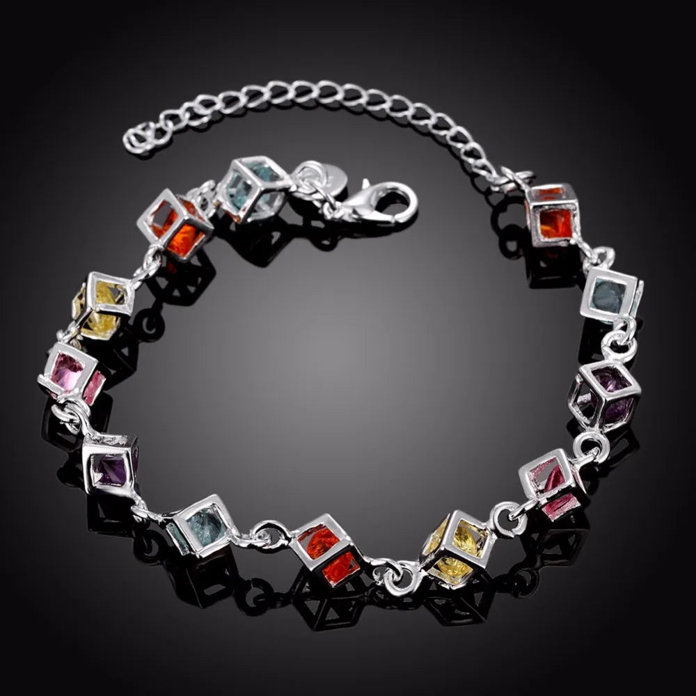 Hot Sale Shiny Cz Crystal Happiness Cube 925 stamp silver color Woman Girl Bracelet Multicolored Cube Rainbow Fine Jewelry