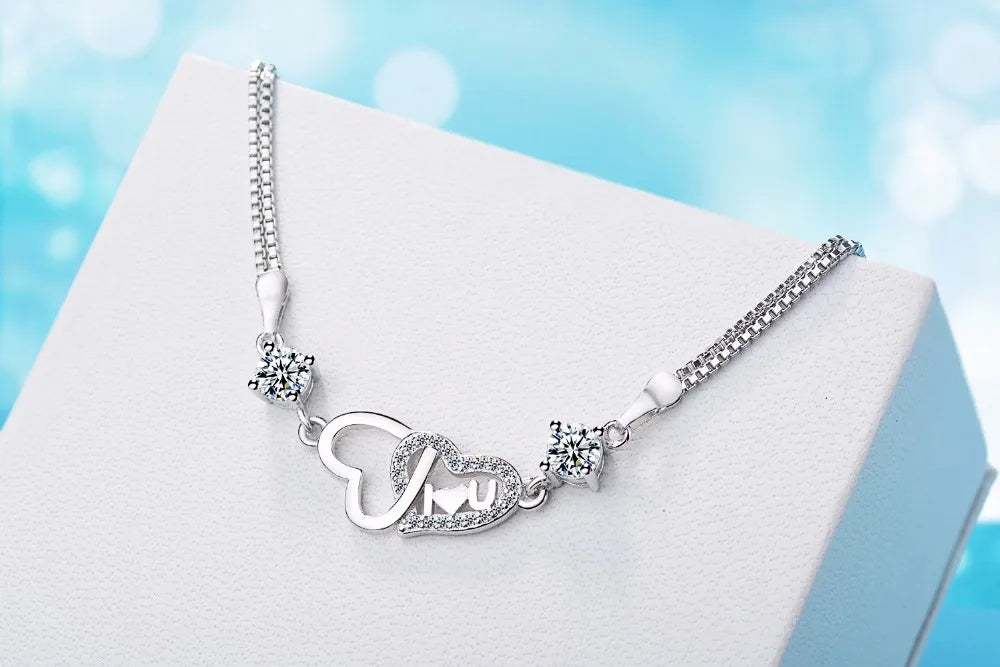 925 Sterling Silver Eternal Love Heart Zirconia Double Layer Chain Bracelet For Women Pulseira Feminina S-b47