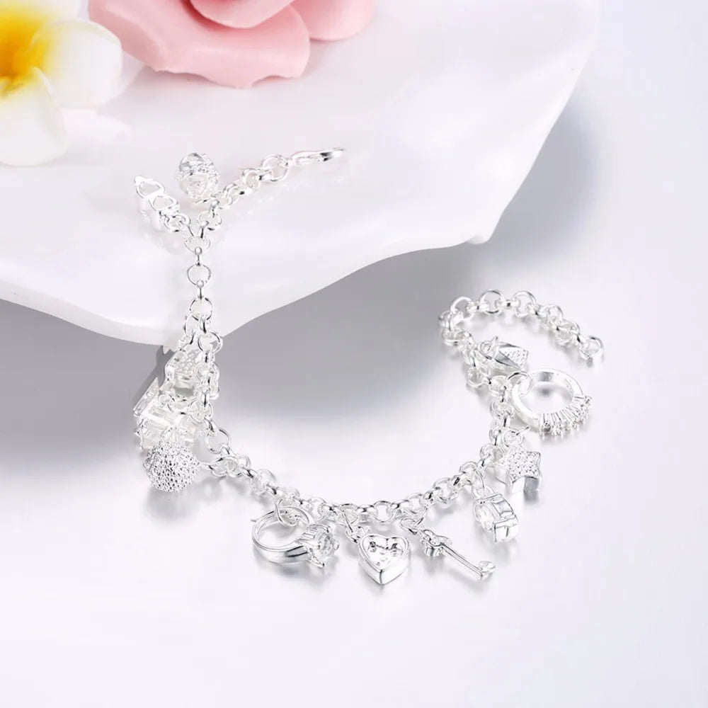 925 stamp silver color 13 Charms Cross Lock Key Heart Star Moon Flower Zircon Bracelet Bangle Women's Fine Jewelry Accessories