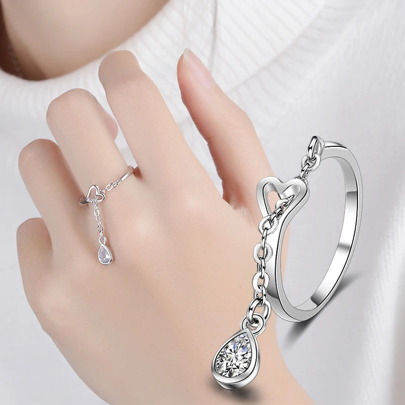 Hot Sale Fashion Aaa Zircon Waterdrop Pendant Chain Rings 925 Sterling Silver Adjustable Heart Ring For Women&girl Jewelry Gift