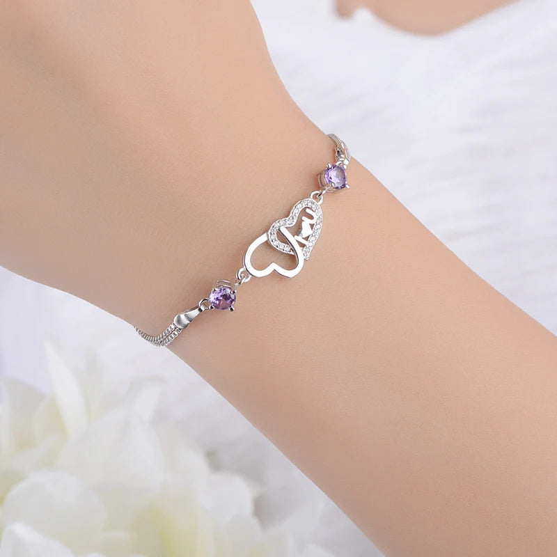 925 Sterling Silver Eternal Love Heart Zirconia Double Layer Chain Bracelet For Women Pulseira Feminina S-b47