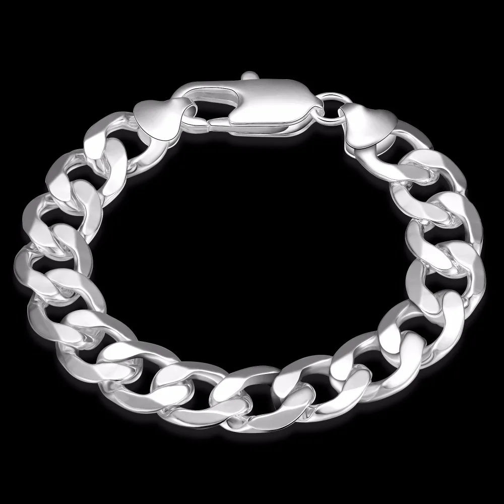 Lekani New Fine Jewelry Men 925 stamp silver color Hand Cuff Bracelet 12mm 925 Silver Figaro Chains Bracelets & Bangles For Men