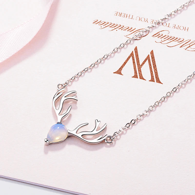 Hot Sale Christmas Jewelry 925 Sterling Silver Colorful Moonstone Elk Deer Necklace For Women Chain Collares S-n265