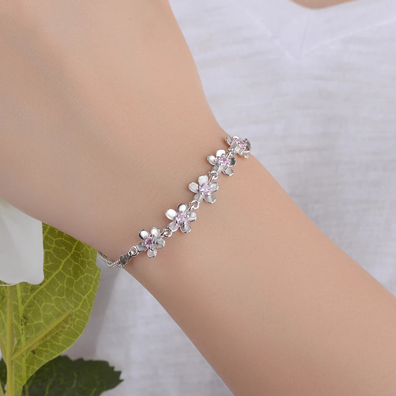 Luxury 925 Sterling Silver Bracelets Purple Zirconia Plum Flower Bracelets & Bangles For Women Pulseira De Prata S-b51