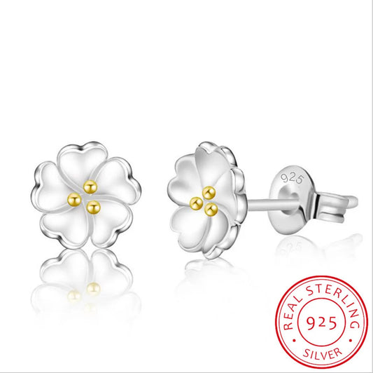 100% 925 Sterling Silver Fashion Cherry Blossoms Flower Crystal Ladies`cute Stud Earrings Women Jewelry Birthday Gift Cheap