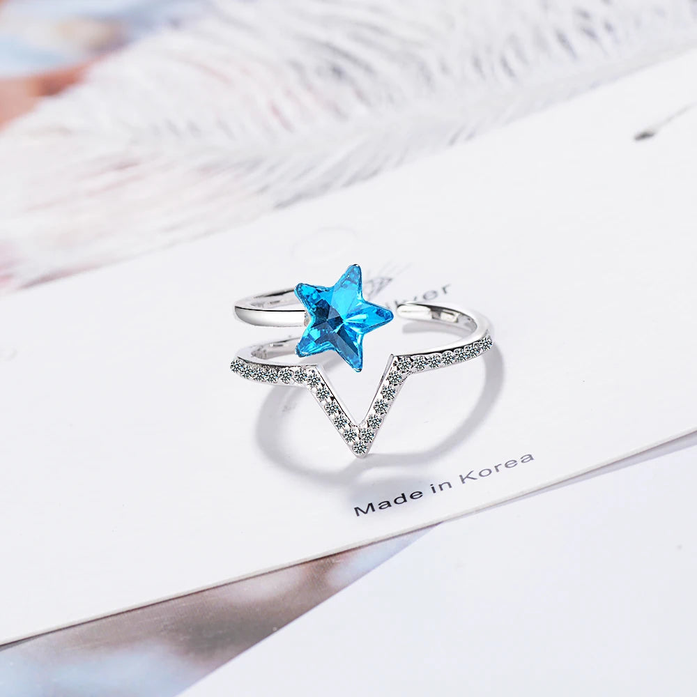 New Temperament Fashion Wild Women Blue Crystal 925 Sterling Silver Jewelry Personality Stars Opening Rings Sr380