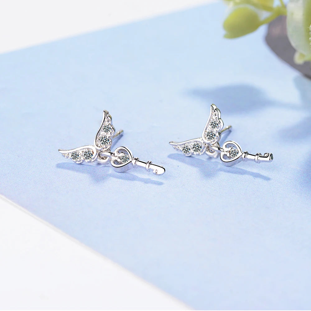 925 silver needle Angel Wings Cz Heart Key Stud Earrings For Women Girls Jewelry Orecchini Aros Aretes Oorbellen