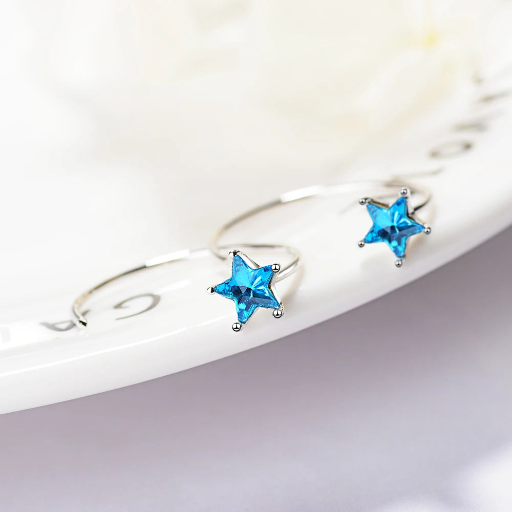 1pair Fashion 925 stamp silver color Star Blue Crystal Ear Clip With No Pierced Clip Earrings Ear Cuffs For Women Punk Charm