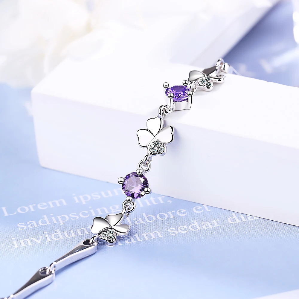 925 Sterling Silver Bracelet For Women Lucky Cute Sweet Student Female Four-leaf Clover Bracelets Girlfriend Valentines Day Gift