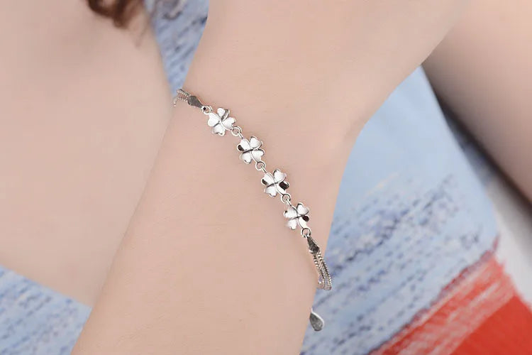 New Fashion 925 Sterling Silver Bracelet For Women Party Luxury Crystal Sweet Love Heart Four Leaves Clover Bangles Fine Jewelry