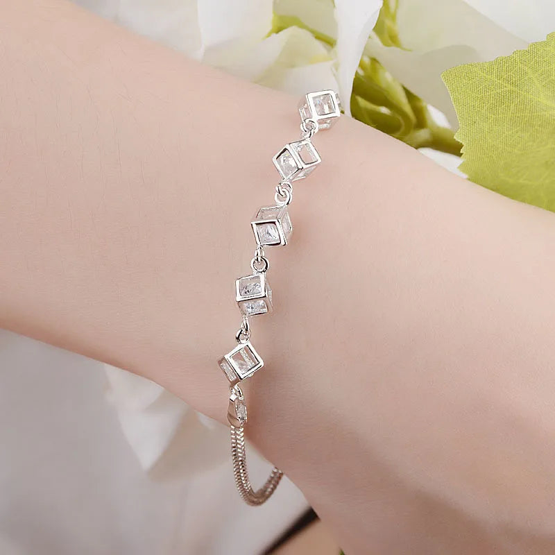 925 Sterling Silver Cube Box Bracelets & Bangles New Fashion Bracelet For Women Sterling-silver-jewelry