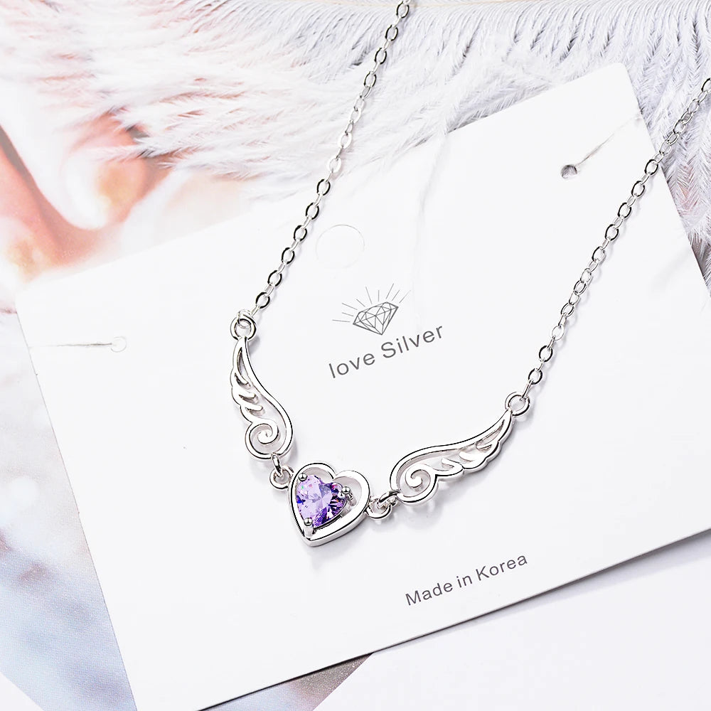 Hot Sale Silver Jewelry Love Angel Wings Necklace Dream Love Heart Crystal Zirconia Necklace Women Birthday Present S-n01