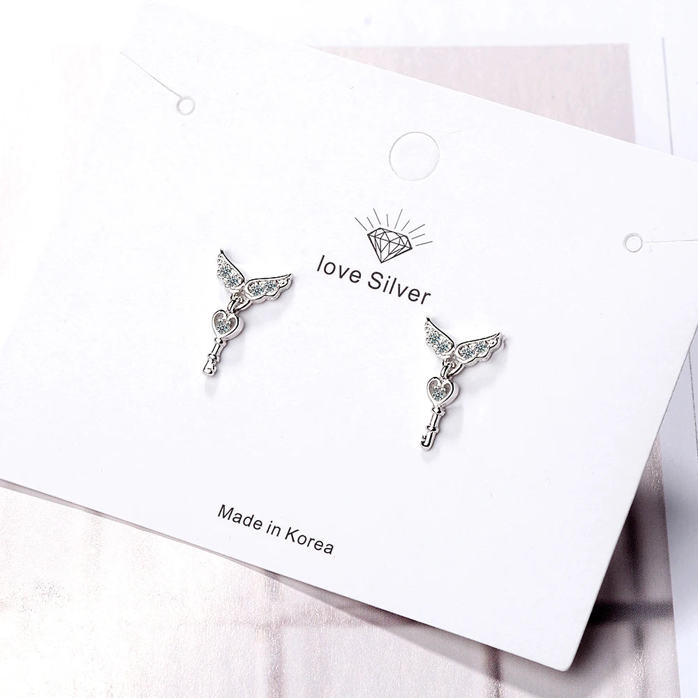 925 silver needle Angel Wings Cz Heart Key Stud Earrings For Women Girls Jewelry Orecchini Aros Aretes Oorbellen