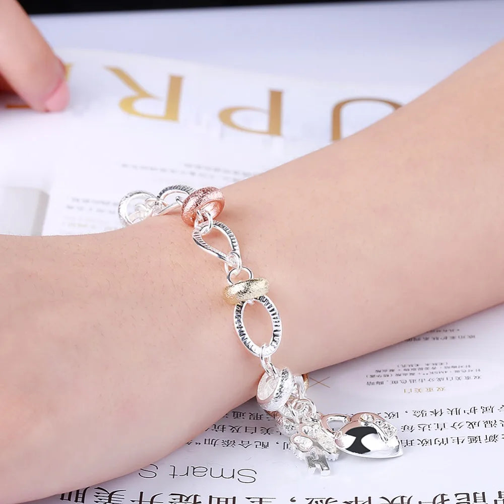 925 stamp silver color Bracelet Women Bracelet Fine Jewelry Crystal Heart Lock Flower Simple Droplets Lobster Clasp