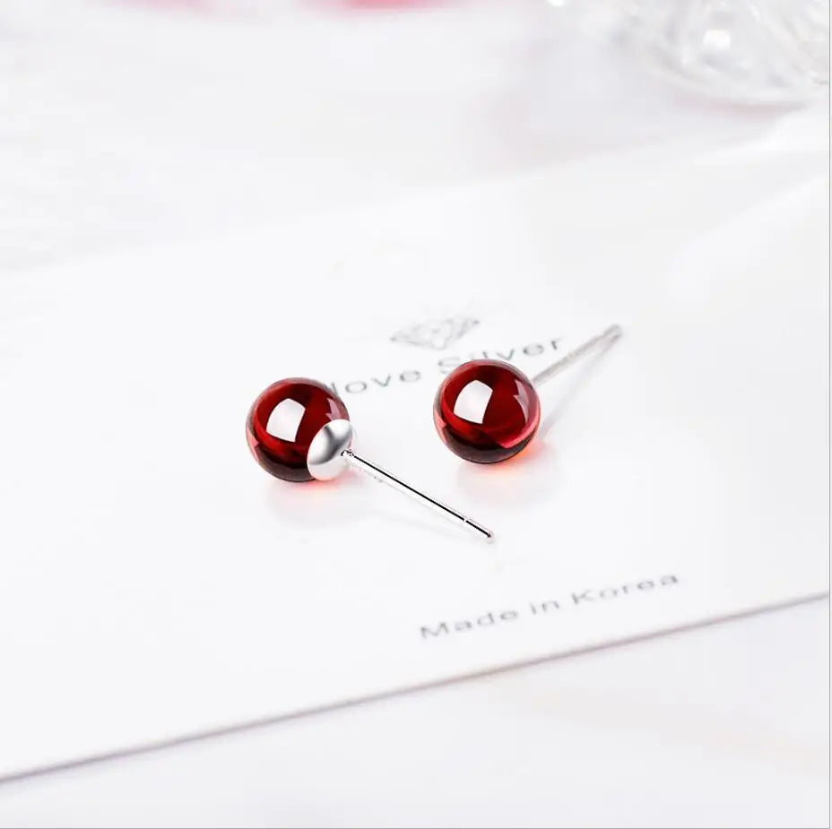 Wholesale 925 Sterling Silver Earrings For Women Jewelry Red Garnet Earring 6mm Ball Bead Stud Earrings Brinco Gift