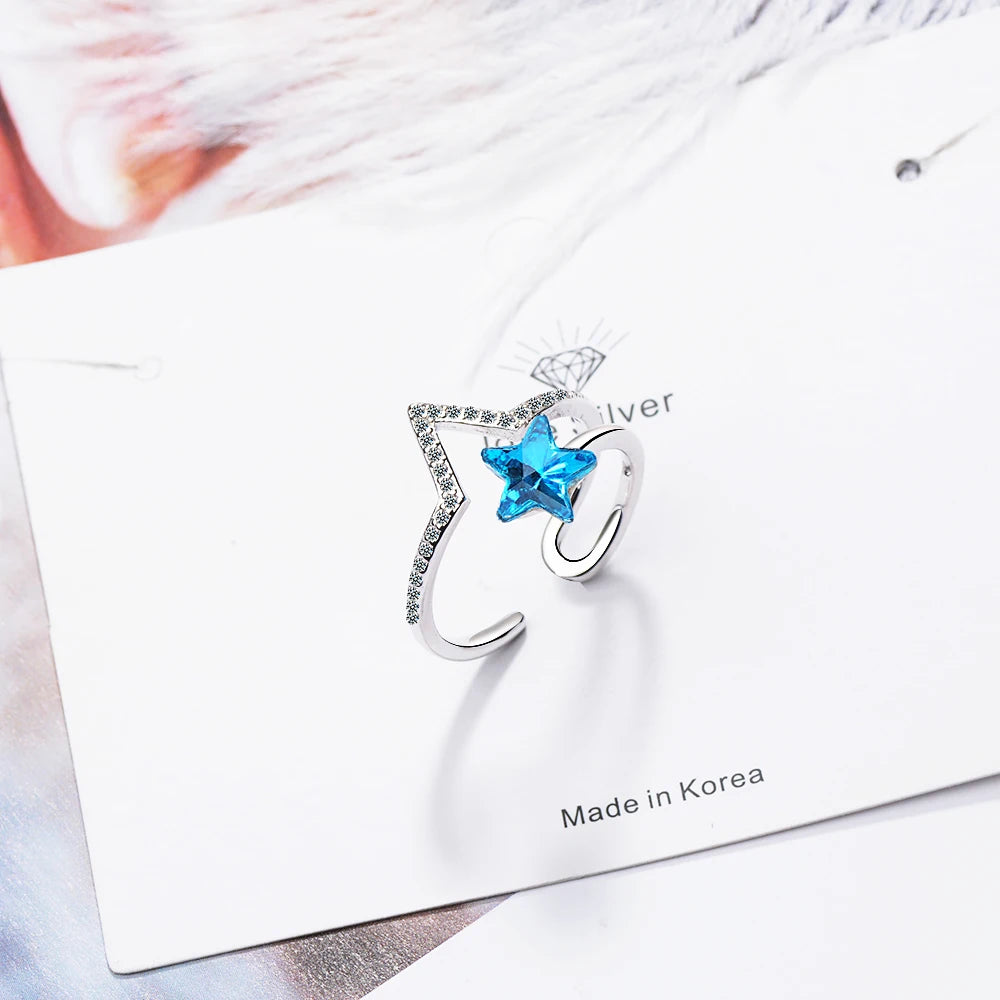 New Temperament Fashion Wild Women Blue Crystal 925 Sterling Silver Jewelry Personality Stars Opening Rings Sr380