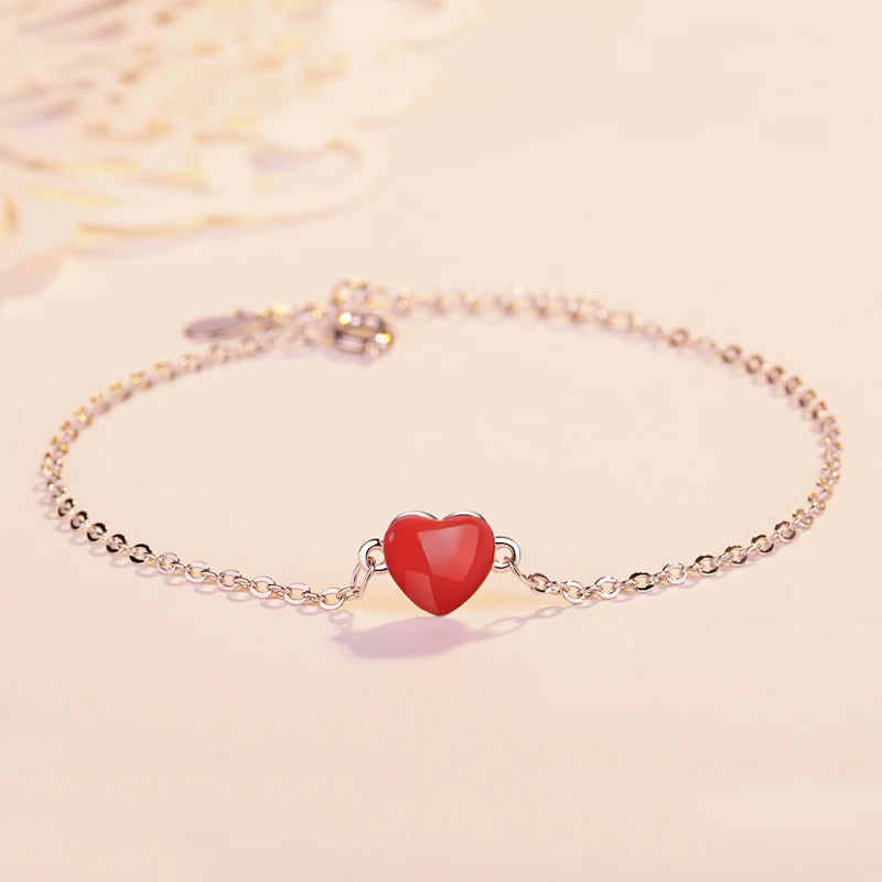 Lucky Double-sided Red Heart 925 Sterling Silver Bracelet For Women Simple Fashion Sterling-silver Jewelry S-b130