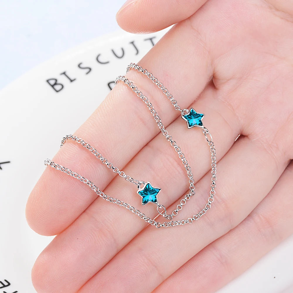 Fashion Shiny Blue Crystal Star Double Layer Chain Link Bracelet For Women Gift 925 Sterling Silver Baraclet Pulseira Bijoux