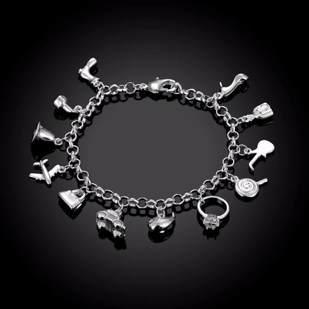 Pretty Bracelets 925 stamp silver color Aaa Zircon Crystal Bracelets 12 Pendants Charms Bangles For Woman New Fine Jewelry