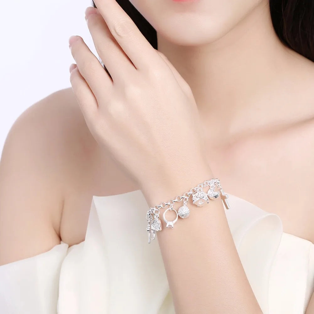 925 stamp silver color 13 Charms Cross Lock Key Heart Star Moon Flower Zircon Bracelet Bangle Women's Fine Jewelry Accessories