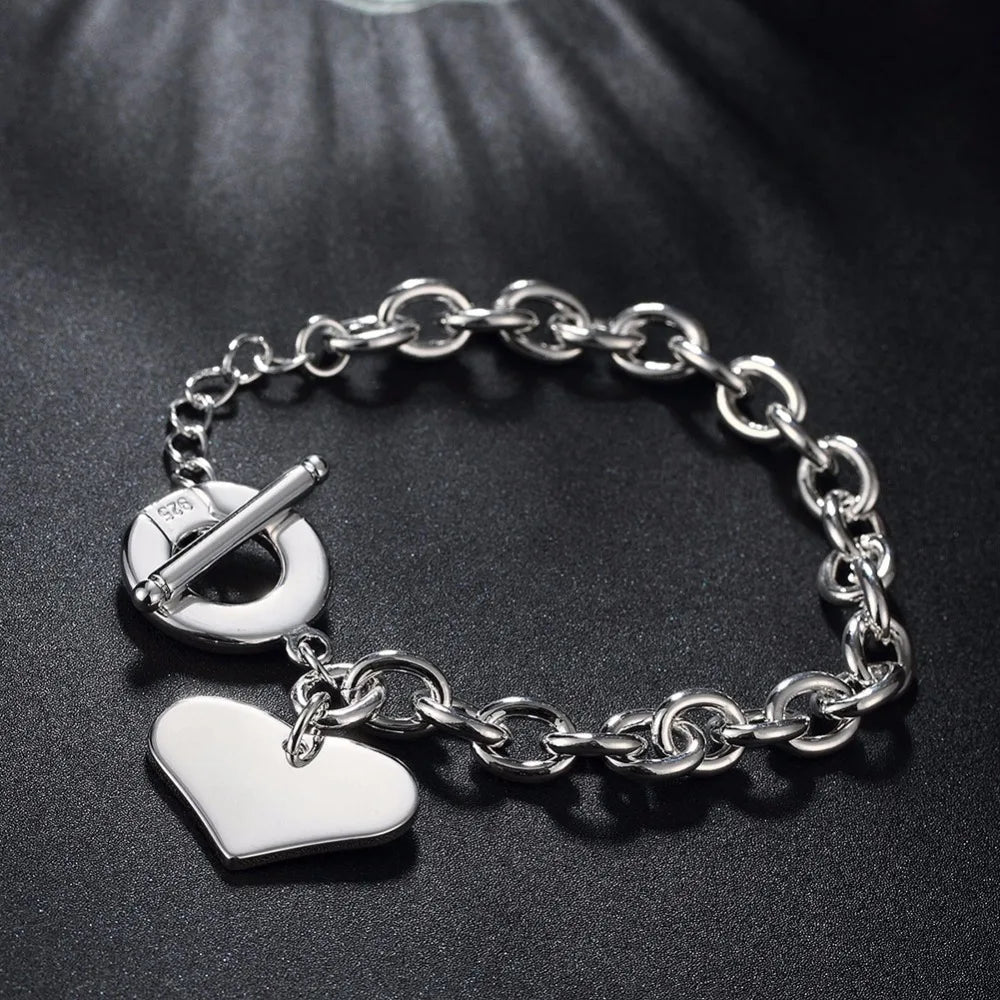 Lekani Fashion Smooth Love Heart Charm Bracelet For Women 925 stamp silver color Bracelets Female Hand Chain Wristband Pulseira