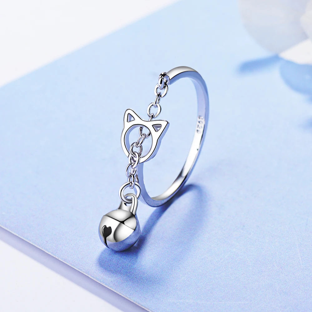 2019 Free Shipping Silver Open Ring 925 Sterling Silver Cat Jing Bell Ring For Women Jewelry Finger Ring For Party Birthday Gift