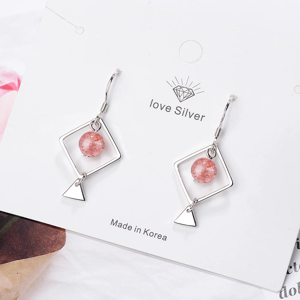 Simple Square Triangle Strawberry Crystal Earrings 925 stamp silver color Tassel Earrings For Women S-e679