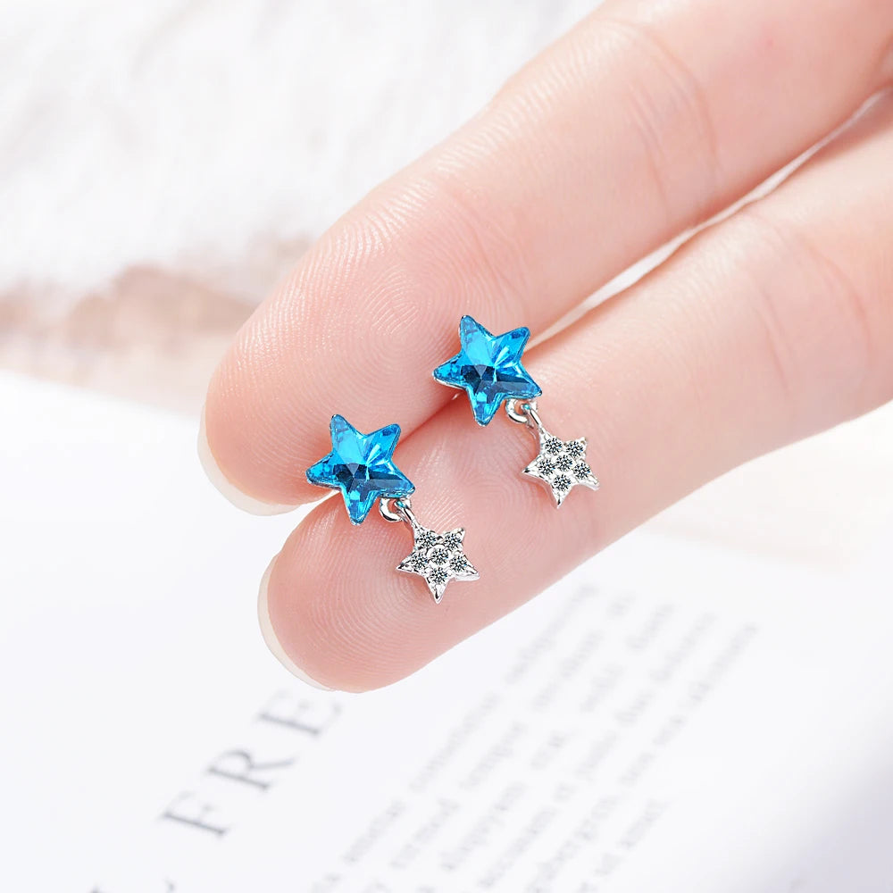 Real 925 silver needle Blue Crystal Double Star Stud Earrings For Women Fashion Silver Star Brincos Oorbellen