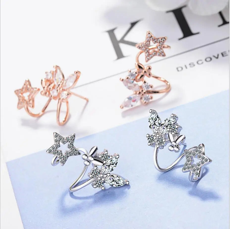 925 Sterling Silver Butterfly Star Cz Zirconia Stud Earring For Women Pendientes Oorbellen Boucle D'oreille Brincos Gift S-e331