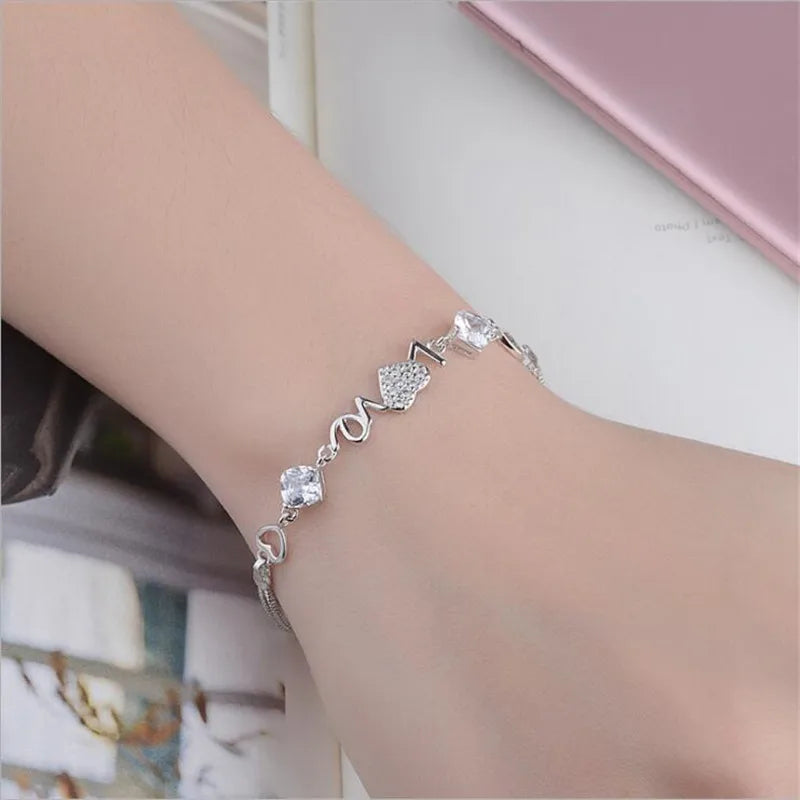 925 Sterling Silver Crystal Heart Charm Bracelet For Women Bracelets & Bangles For Female Girls Gift Pulseira Feminina