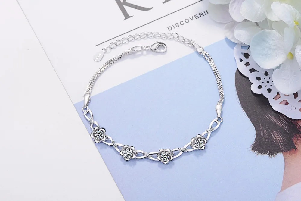 Luxury 925 Sterling Silver Bracelets White Zirconia Plum Flower Bracelets & Bangles Fine Jewelry For Women Pulseira S-b51