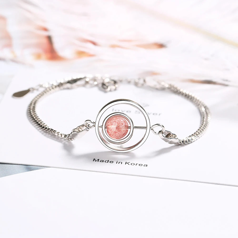 Real. 925 Sterling Silver Fine Jewelry 8mm Natural Strawberry Quartz Stone Into The Circle Chain Bracelet Gtls516