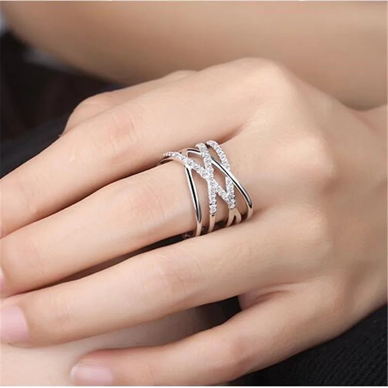 Korean Style 925 Sterling Silver Opening Rings Multi-layer Line Cross Mosaic Zirconia Rings For Women Jewelry S-r243
