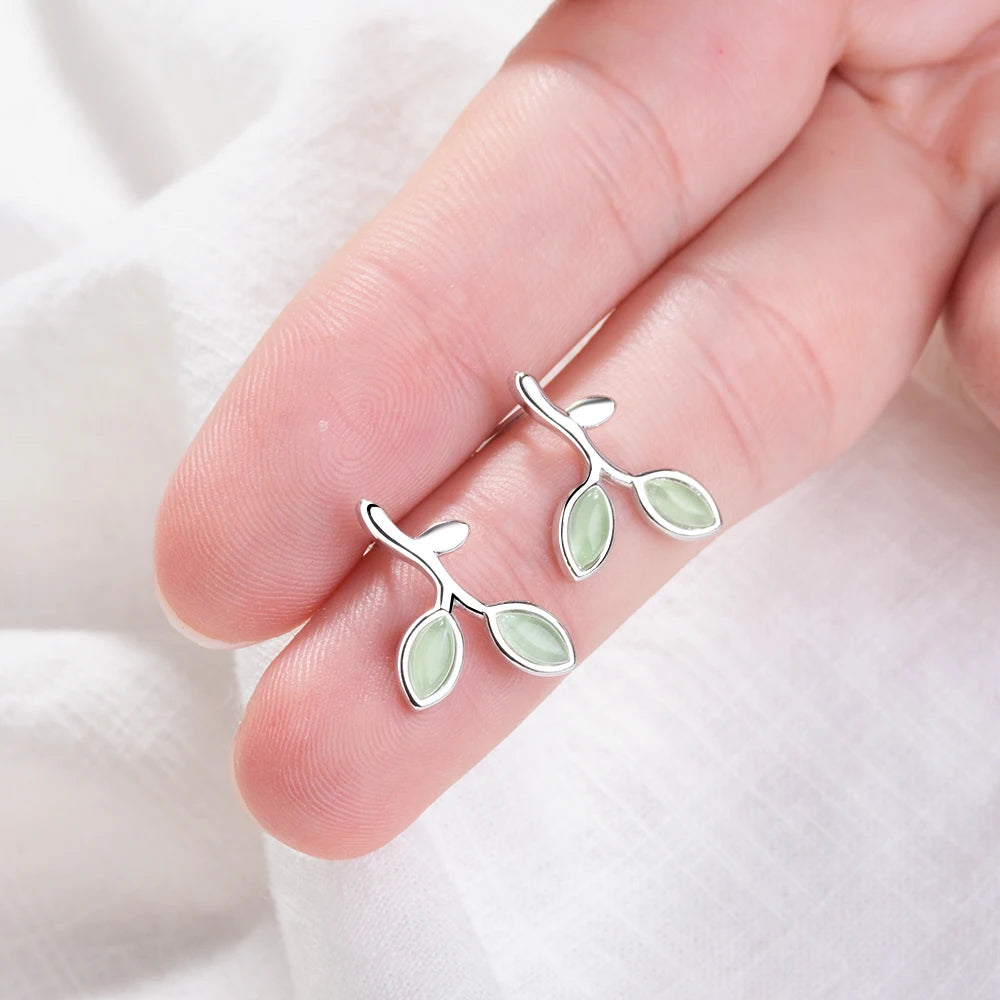 925 Sterling Silver Green Opal Leaves Buds Stud Earrings For Women Prevent Allergy Fashion Jewelry Best Gifts For Girls