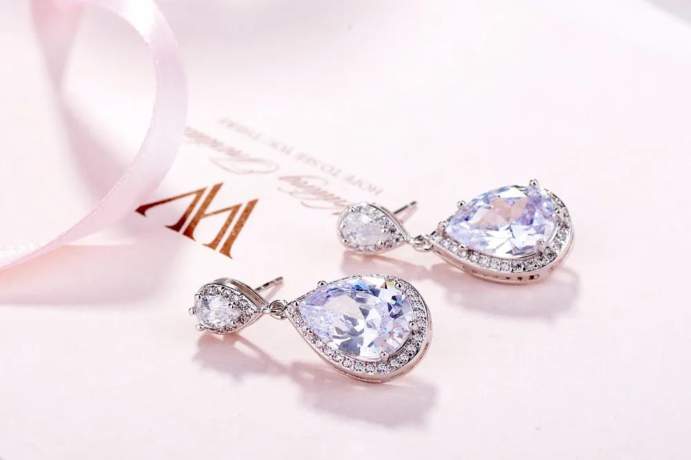 925 Sterling Silver Pink/white Cubic Zirconia Bridal Engagement Waterdrop Cz Stud Earrings For Women Wedding Fine Jewelry Gift