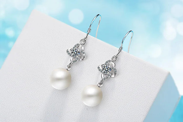 2019 925 stamp silver color Clover Drop Earrings Pearl Crystal Flower Long Drop Earrings For Women Free Shipping Brincos